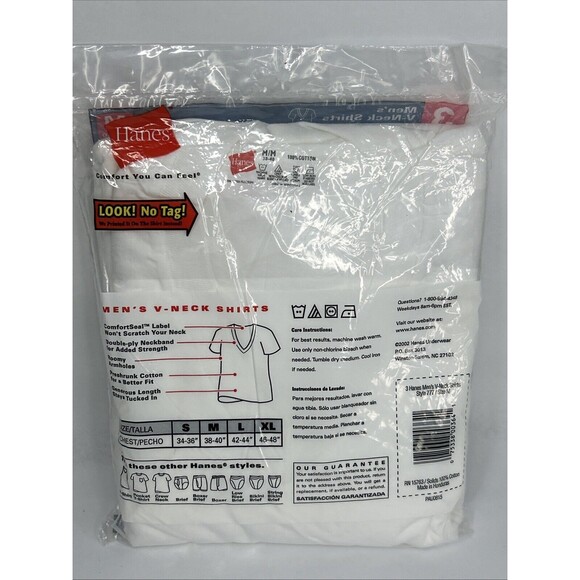 Hanes V-Neck T-Shirt White Medium Tagless Comfort Preshrunk 3 Pack Cotton NOS - Picture 4 of 6